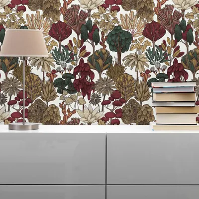 Produktbild von TADESSI Tapete Wald und Blätter Camilla M1-No.570 Vliestapete Rot Beige Dschungeltapete Wohnzimmer Schlafzimmer Küche