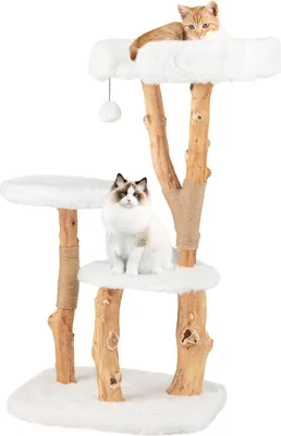 Produktbild von GOPLUS Kratzbaum aus Holz, 4-stöckiger Katzenbaum mit 2 runden Sprungplattformen, breiter Sitzfläche Oben, 59 x 49 x 110 cm, Natur + Weiß