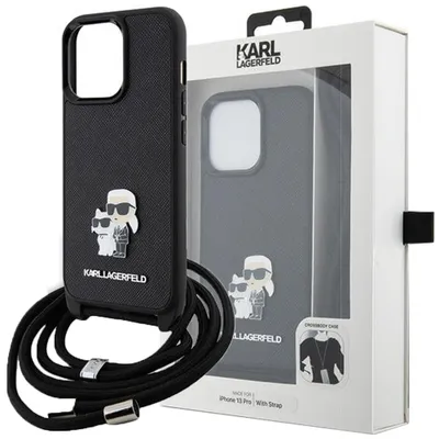 Zdjęcie produktu dla Etui Karl Lagerfeld Klhcp14Lsakcpsk Na Iphone 14 Pro Hardcase - Czarne Crossbody Saffiano Metal Pin Karl&Choupette
