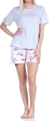Produktbild von Damen Shorty Schlafanzug kurzarm Pyjama mit kurzer Hose mit Schmetterlings Print ; hellblau , 44