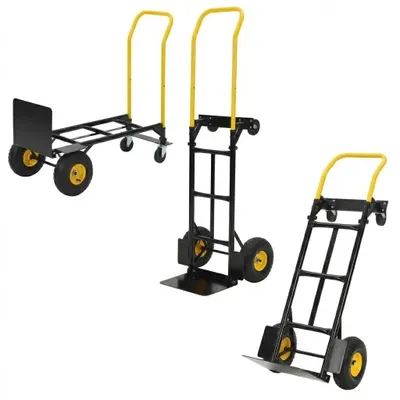 Produktbild von Transportwagen - 2-in-1 Klappbare Sackkarre - Tragfähigkeit 362 kg - Pannensichere Vollgummiräder - Teleskopgriff - Stahlrahmen - Gelb