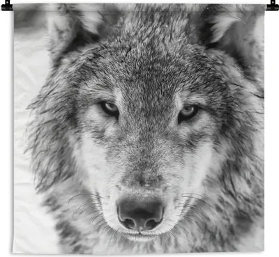 Produktbild von MuchoWow® Wandteppich Wandbehang Tierprofil Wolf in schwarz und weiß 120x120 cm Tapisserie Dekoration Wandtuch - Modern - Baumwollgewebe