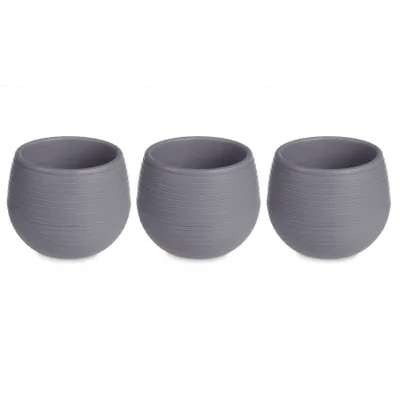 Three identical gray planters are arranged in a row against a white background.