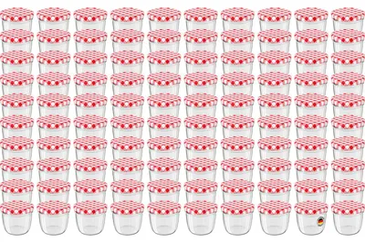 Produktbild von 100 Stück WELLGRO Vorratsglas Einmachgläser Schraubdeckel rot kariert - 230 ml