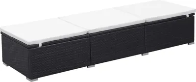 A long, rectangular outdoor lounge chair with three sections, each with a white cushion, set against a white background.