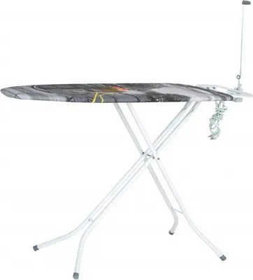 An ironing board with a patterned cover and a wire rack for an iron.