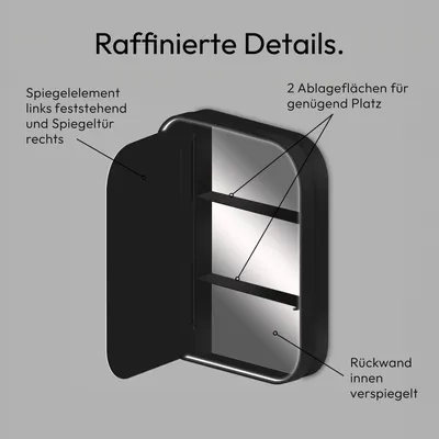 Produktbild von LED Spiegelschrank 60x70 cm, Alukorpus schwarz matt, 2 Ablagen, IP44