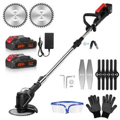 Produktbild von Akku-Rasentrimmer 21V mit 2 Batterien, Freischneider, Motorsense, mit Akku und Ladegerät, Teleskop-Stiel & Zusatzhandgriff, Faltbares Modell, Schwarz