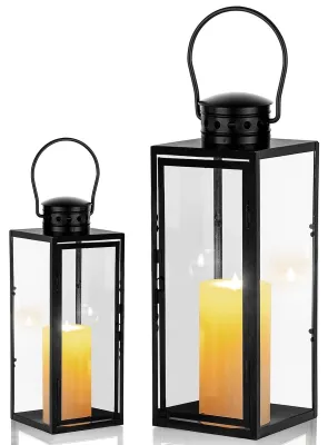 Immagine prodotto di Omgoods - Set di 2 lanterne da esterno - Lanterne in metallo nero con vetro