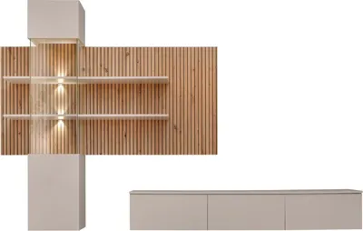 Productafbeelding van Wandcompositie ALVANO (Beige & Eik) - Wandpaneel, LED vitrinekast en TV-meubel