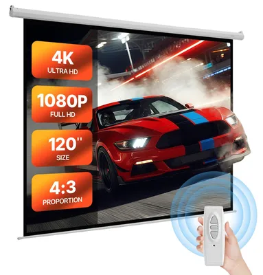 Zdjęcie produktu dla Zmotoryzowany ekran projekcyjny VEVOR, 120 cali 4:3 4K 1080 HD, projektor projekcyjny z pilotem, automatyczny ekran filmowy, przenośny ekran zwijany kino domowe biuro domowe