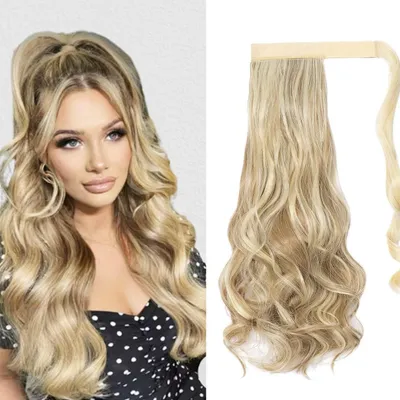 Obrázek produktu pro Prodlužovací cop s klipem, vlnité syntetické vlasy, 50 cm, barva: světle blond a světle hnědý blond