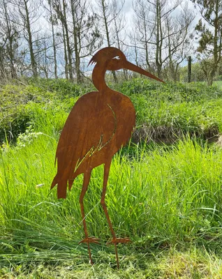 Produktbild von Gartenfigur Reiher stehend H75cm x B45cm + Stäbe Edelrost Gartenstecker Rost Metall Kranich Storch