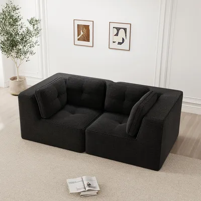 Zdjęcie produktu dla Modułowa i konfigurowalna sofa narożna, dwuosobowa sofa bezramowa, wygodna sofa z sztruksu, idealna do salonu i sypialni, czarna