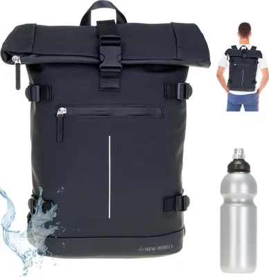 Produktbild von Rucksack Herren Jungen Roll Top Kurierrucksack Laptoprucksack New Rebels William groß A4 Geheimfach Anti-Theft Freizeitrucksack 511306 00 Black Schwarz + Trinkflasche bagboom