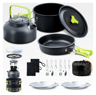 Produktbild von Camping Geschirr Set 16-teiliges Kochgeschirr Set mit Wasserkocher, Campingtopf, Pfanne, Tellern, Gabeln, Messern und Löffeln für Outdoor, Wandern, Picknick, BBQ für 2-3 Personen