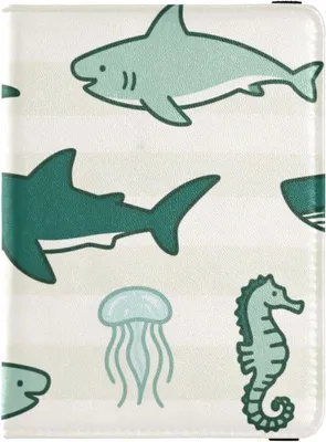 Immagine prodotto di Custodia per passaporto in pelle con motivo di animali marini e squalo, nei colori verde e beige, ideale per tutta la famiglia, per documenti di viaggio e come portafoglio da donna, leggera
