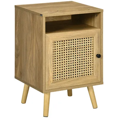 Image de HOMCOM Table de chevet table de nuit avec placard porte cannage et niche design vintage 39 x 35 x 60 cm naturel