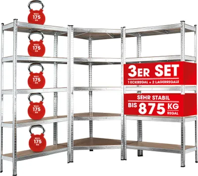 Produktbild von EASYmaxx Schwerlastregal 3er-Set - 1x Schwerlast-Eckregal/2x Schwerlastregal - silber/holzfarben