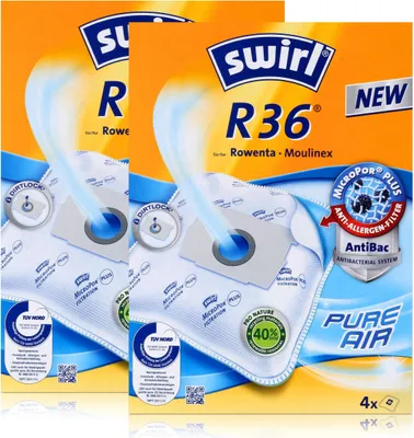 Two packages of Swirl R36 vacuum cleaner bags are shown, with graphics highlighting features like "MicroPor Plus" filtration and "AntiBac Antibacterial System".