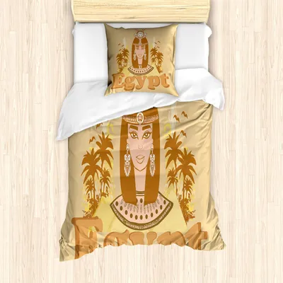 Produktbild von ABAKUHAUS ägyptisch Bettbezug Set, Ägypten Beschriftung mit Königin und Palmen Pyramiden, 135 x 200 cm + 80 x 80 cm, Braun Ingwer