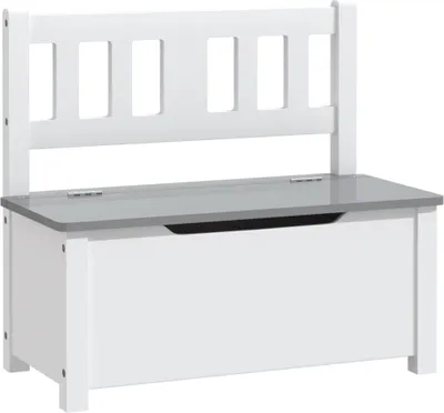 A white toy chest bench with a gray lid and a slatted backrest.