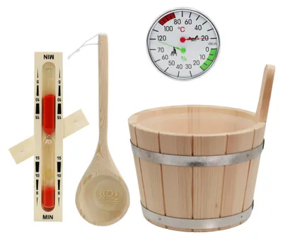 Produktbild von HAF Saunakübel Set Nadelholz 5 Liter + Einsatz, Saunakelle, Sanduhr und Klimamesser | Feuchtigkeitsresistenter Kübel | Qualität:  Germany