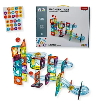 Productafbeelding van Magnetische bouwstenen, regenboogkleurige knikkerbaan, 95 stuks - Magnetische tegels, geschikt voor kinderen vanaf 4 jaar