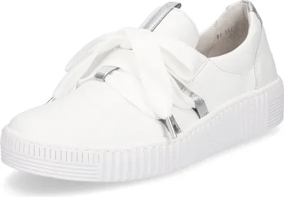 A white leather sneaker with white ribbon laces and silver accents.
