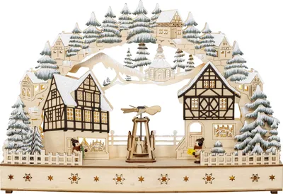 Produktbild von Saico Lichterbogen LED Fachwerkhäuser mit drehender Pyramide Holz 45 cm warmweiß natur