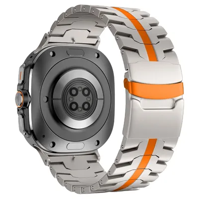 The back of a smartwatch with a metal band.