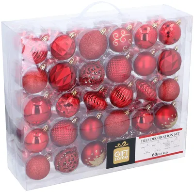 Productafbeelding van Giftsome Kerstballen Set Rood 60 Kerstballen Rode Kerstballen Kunststof Kerstballen Mat/ Glanzend/ Glitter en Opengewerkt Diameter 6/7 Centimeter Complete Set