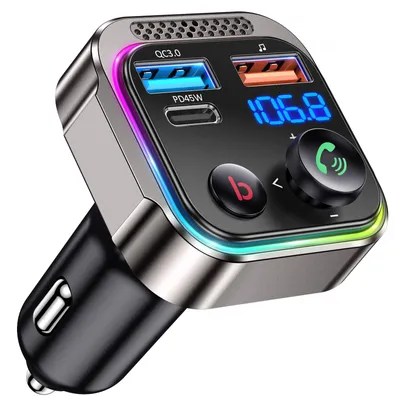 Image de Émetteur FM Gizmovine, Bluetooth 5.4, 63W (PD 45W et 18W), adaptateur Bluetooth pour voiture avec [interrupteur d'éclairage], [son Hi-Fi avec basses], [charge rapide], kit mains libres, alliage de zinc, allume-cigare