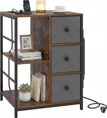 Produktbild von COSTWAY Aktenschrank mit Ablage & Ladestation, Aufbewahrungsschrank mit Stoffschubladen & Seitentaschen, 3-stufiger Beistelltisch, braun, 46x40x63cm
