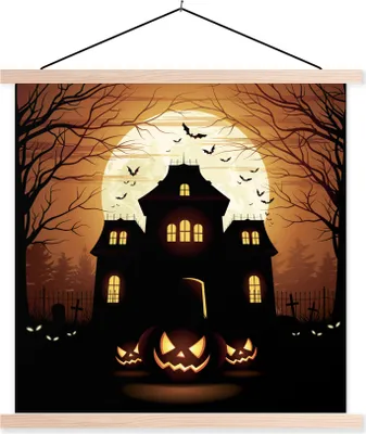 Produktbild von MuchoWow® Textilposter Ein gespenstisches und einsames Haus während Halloween in einer Illustration 40x40 cm mit holzfarbenen Rahmen - Posterleiste