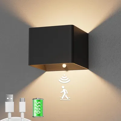 Produktbild von Akku Wandleuchte, Mit Bewegungsmelder, Innen Led Wandlampe, 3000K, 5W, Kabellose LED akku wandleuchte mit Schalter, für Schlafzimmer Wohnzimmer Treppe