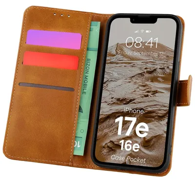 Produktbild von Handyhülle mit Klappe für iPhone 17e / 16e, Bizon Case Pocket, Braun
