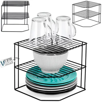 A collage of metal corner shelving units displaying kitchen items like glasses, a bowl, and plates. There are also diagrams of the shelving units.