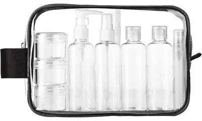 Produktbild von Kulturbeutel Transparent mit 8 Reiseflaschen zum Befüllen 100ml Handgepäck Set