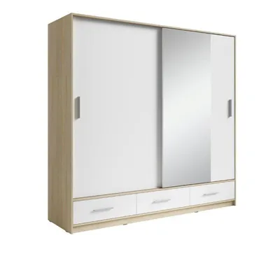 Produktbild von Kleiderschrank mit Spiegel, Farbe: Eiche / Weiß - Abmessungen: 212 x 220 x 64 cm (H x B x T)