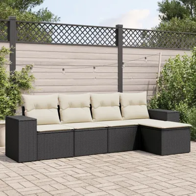 Produktbild von Design 5-tlg. Garten-Sofagarnitur mit Kissen Schwarz Poly Rattan, Gartenmöbel-Sets 2024 Neu