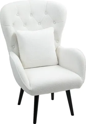 Produktbild von Fortuna Lai Sessel Loungesessel mit Lendenkissen, Geplosterter Teddy Sessel mit Holzbeine, Diamanttufting-Rücken, Relaxsessel für Wohnzimmer, Schlafzimmer, Weiß
