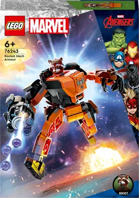 Produktbild von LEGO 76243 Marvel Rocket Mech, Spielzeug-Action-Figur des Waschbär Avengers aus Guardians of the Galaxy mit Sammelfiguren für Kinder ab 6 Jahren