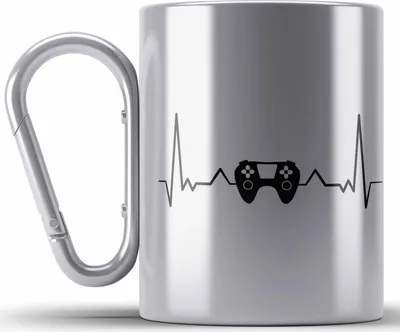 Produktbild von Trendation - Gamer Herzschlag Edelstahl Tasse Karabiner Geschenkidee Gamer Jungs (Silber)