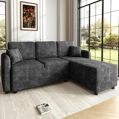 Produktbild von MODFU 3-Sitzer Sofa L-Form mit Relaxfläche, Chenille Ecksofa, Polstersofa mit Massivholzrahmen und Kissen, Komfortables Wohnzimmersofa für kleine Räume, Schwarz