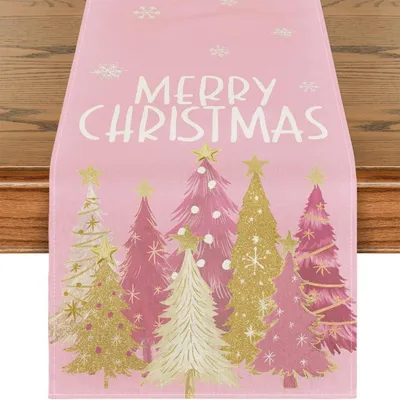 Produktbild von Tischläufer Weihnachten Rosa Weihnachtsbaum Schneeflocken 33 x 183 cm