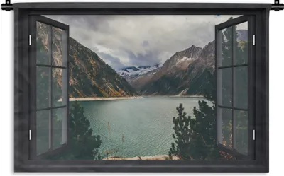 Produktbild von MuchoWow® Wandteppich Wandbehang Aussicht - Berg - See 90x60 cm Tapisserie Dekoration Wandtuch - Wandskulpturen - Bildteppich