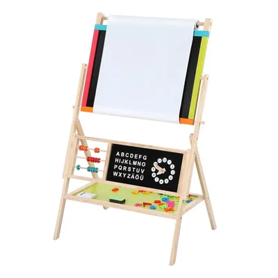 Zdjęcie produktu dla Tablica dla dzieci Ginger Home 3 w 1, magnetyczna tablica do rysowania z liczydłem i zegarem, drewniana sztaluga do zabawy w naukę