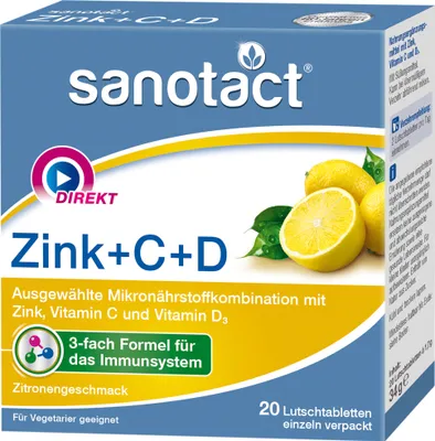 Produktbild von sanotact Zink + C + D (20 Lutschtabletten) - Zink Tabletten mit Vitamin C & Vitamin D3 - 3-fach Formel für Immunsystem