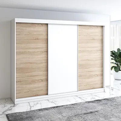 Produktbild von Schwebetürenschrank MERO 3-türig Schrank 200 cm  mit schublade  (Weiß, Schwarz, Sonoma)